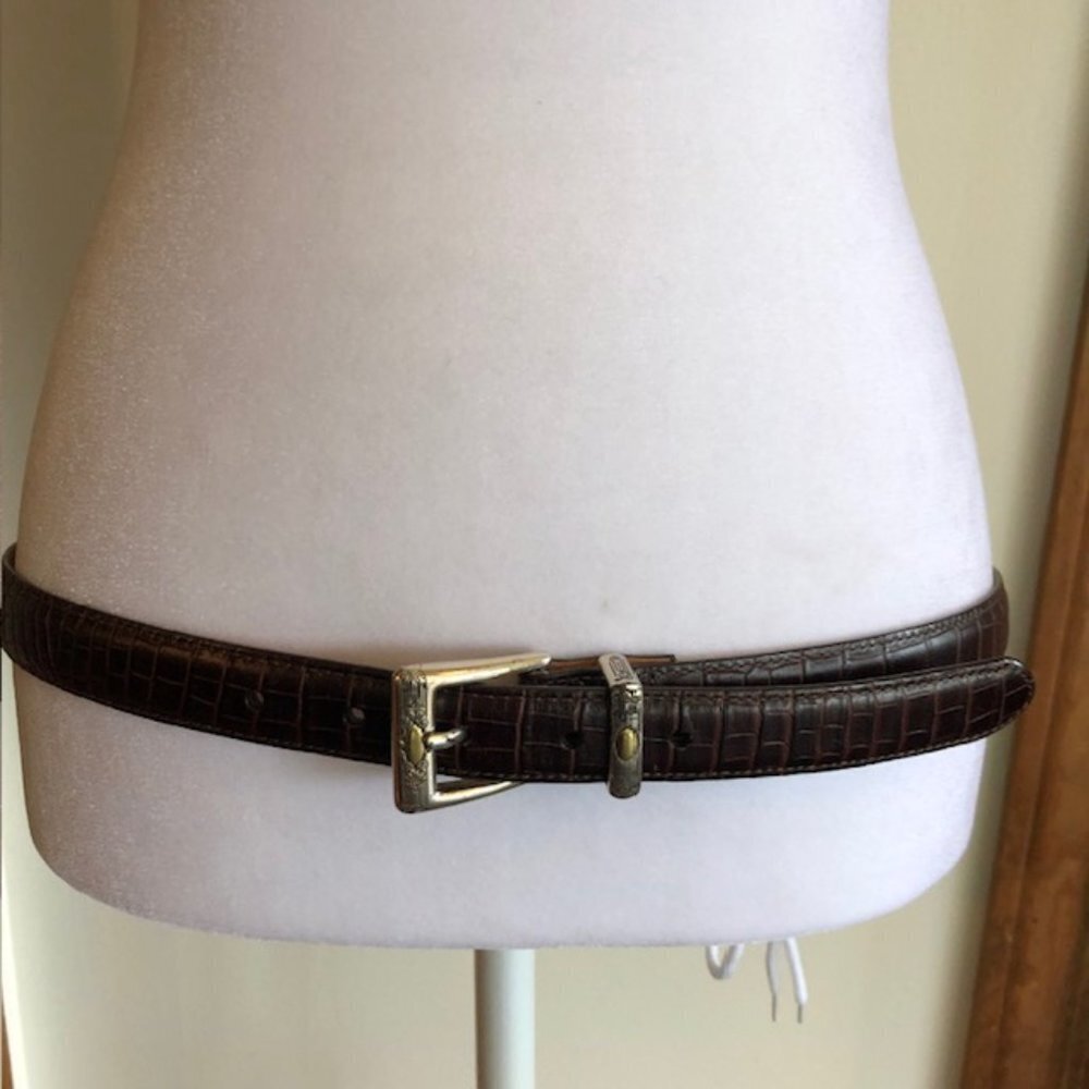 TALBOTS Crocodile Print Brown Western Silver Scroll Buckle Belt Large